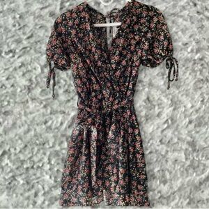 Purple Snow Black Floral Mini Dress with Pink and Red Blossoms